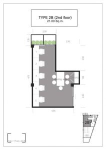 TYPE 2B - 21 ตร.ม. เหมาะสำหรับสำนักงานขนาดเล็กและมีความส่วนตัว ประหยัดทั้งค่าไฟฟ้าสำหรับเครื่องปรับอากาศและค่าเช่ารายเดือน แต่ก็จัดพื้นที่ไว้ให้ได้อย่างลงตัวในทุกมุมสร้างสรรค์ของคุณ