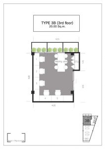 TYPE 3B - 20 ตร.ม. ยูนิตเดียวที่มีพื้นที่สำนักงานกระทัดรัดที่สุด เหมาะสำหรับสำนักงานขนาดเล็กและมีความส่วนตัว ประหยัดทั้งค่าไฟฟ้าสำหรับเครื่องปรับอากาศและค่าเช่ารายเดือน พื้นที่สี่เหลี่ยมผืนผ้าจึงสามารถจัดสรรพื้นที่ได้อย่างง่ายดายและลงตัวในทุกมุมสร้างสรรค์ของคุณ