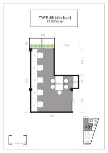 TYPE 4B - 21 ตร.ม. เหมาะสำหรับสำนักงานขนาดเล็กและมีความส่วนตัว ประหยัดทั้งค่าไฟฟ้าสำหรับเครื่องปรับอากาศและค่าเช่ารายเดือน แต่ก็จัดพื้นที่ไว้ให้ได้อย่างลงตัวในทุกมุมสร้างสรรค์ของคุณ 